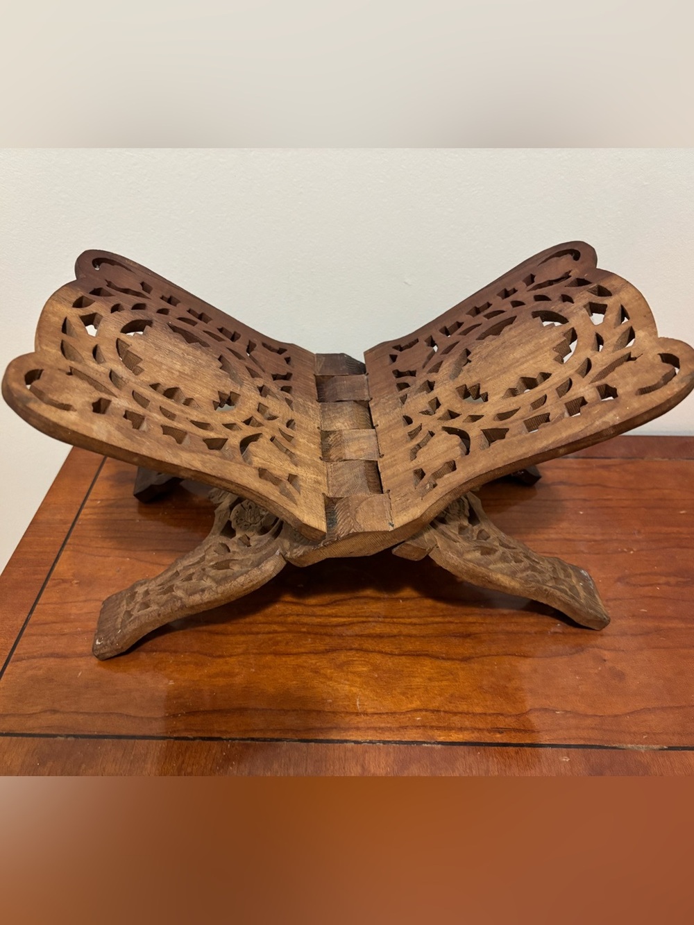 Vintage Hand-Carved Folding Wood Book or Tablet Stand - Brown